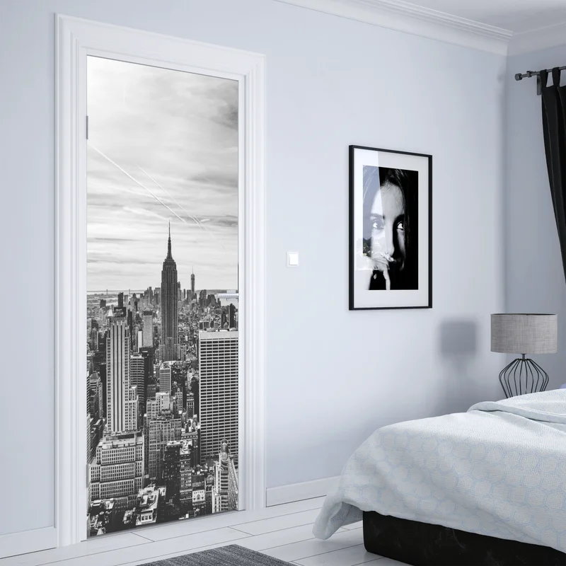 Türaufkleber panorama von New York in graustufen