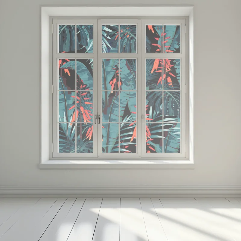 Naklejka na okno tropikalny turkusowy motyw dżungli