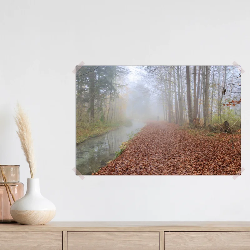 Poster Nebel über Waldweg mit Laubbewuchs am Bach • Poster bei Wallnifity® Poster Nebel über Waldweg mit Laubbewuchs am Bach • Poster bei Wallnifity®