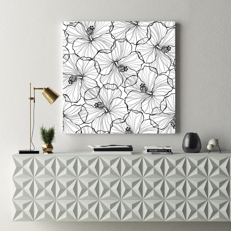 Leinwandbild schwarzweißes hibiskus line art muster Leinwandbild schwarzweißes hibiskus line art muster