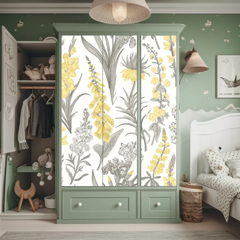 Schrankaufkleber vintage botanisches blumenmuster in gelb und grau