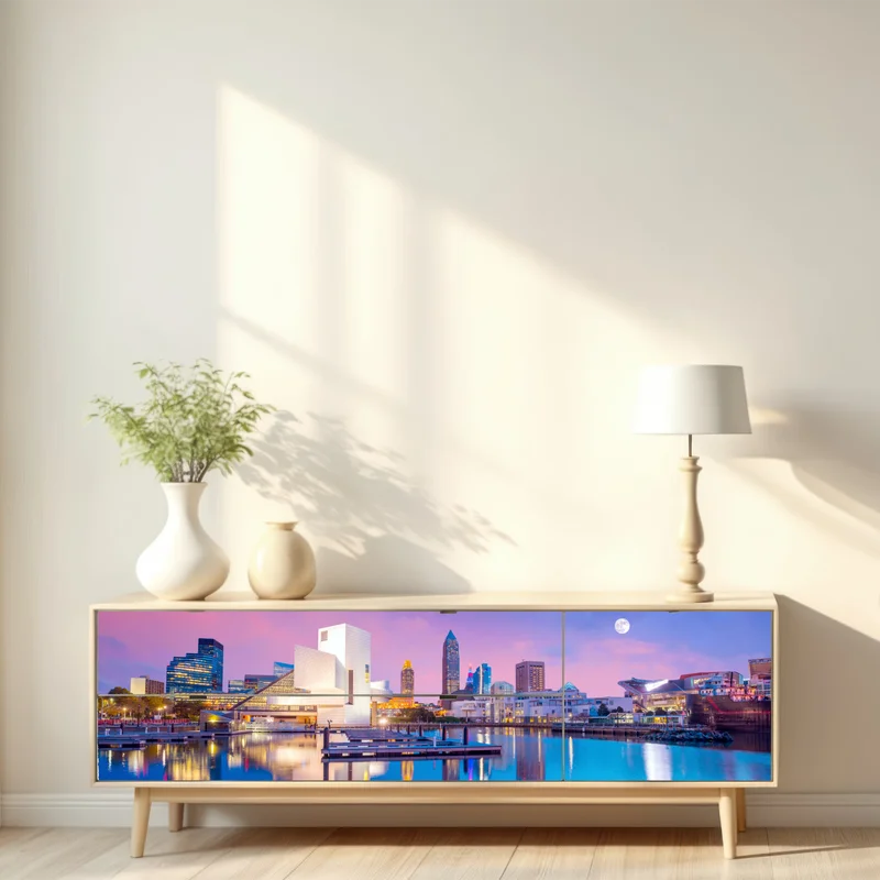 Repositionierbarer Aufkleber stadtskyline von Cleveland bei dämmerung