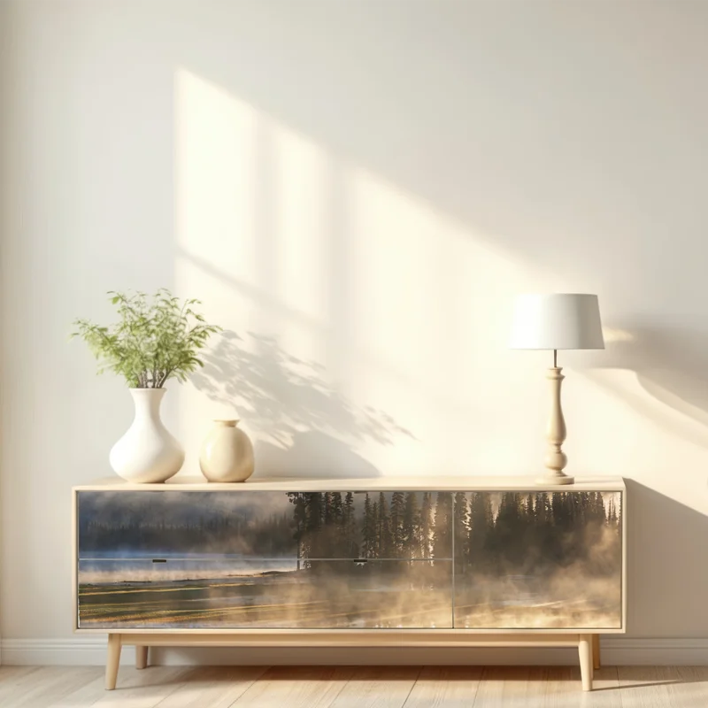 Repositionierbarer Aufkleber nebliger bergsonnenaufgang mit spiegelung