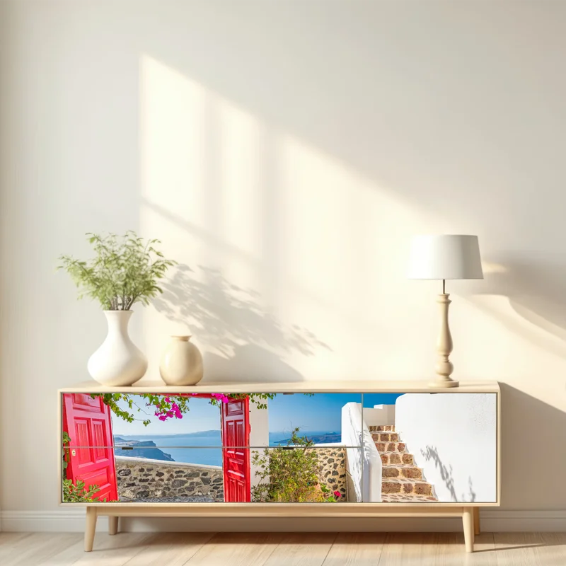 Repositionierbarer Aufkleber sonnenbeschienene mediterrane terrasse mit meerblick