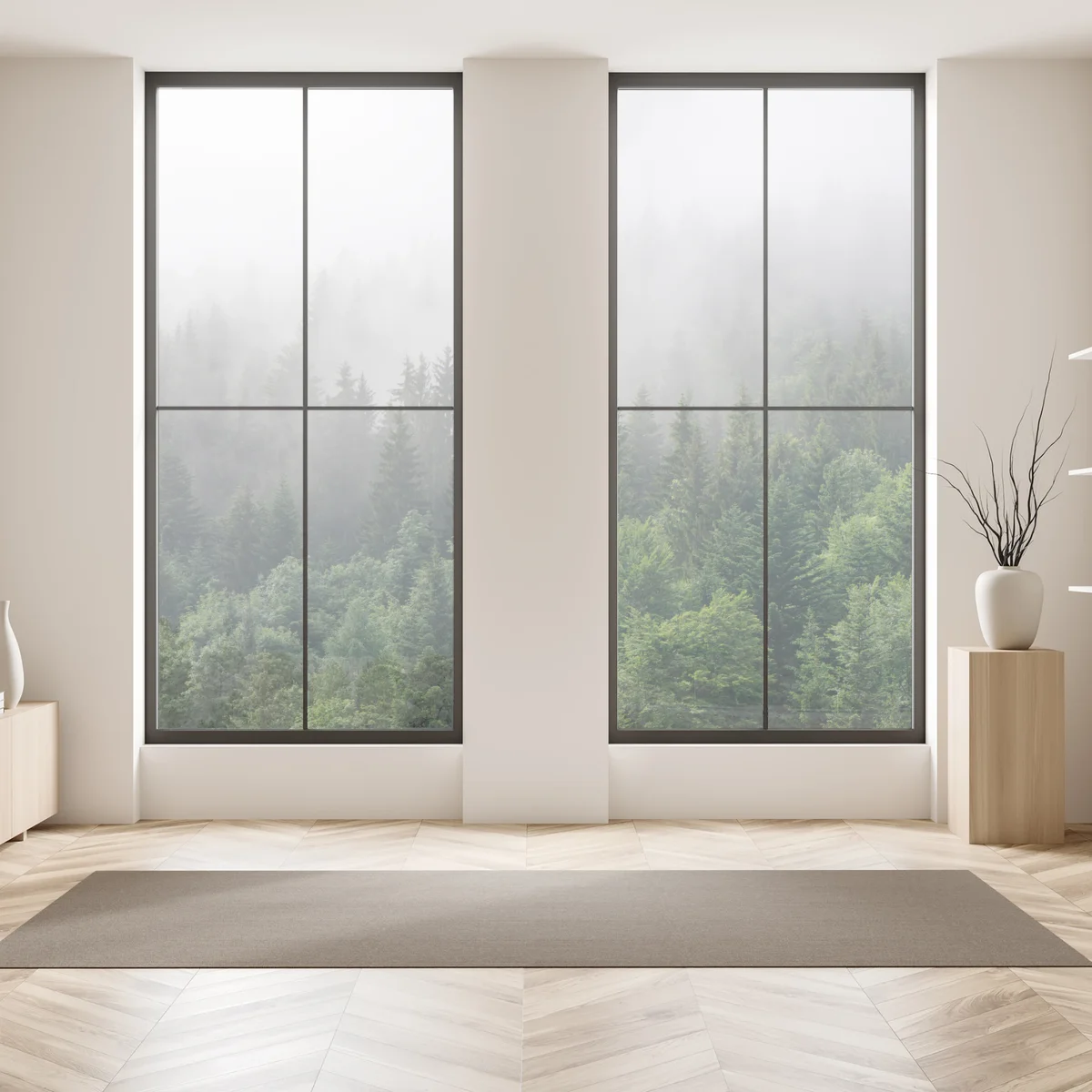 Fensteraufkleber nebliger immergrüner wald panorama Fensteraufkleber nebliger immergrüner wald panorama