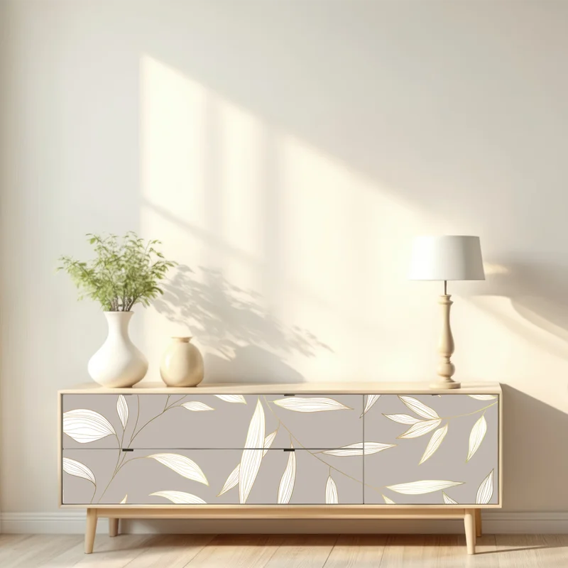 Repositionierbarer Aufkleber zarte goldumrandete blätter auf beigem hintergrund Repositionierbarer Aufkleber zarte goldumrandete blätter auf beigem hintergrund