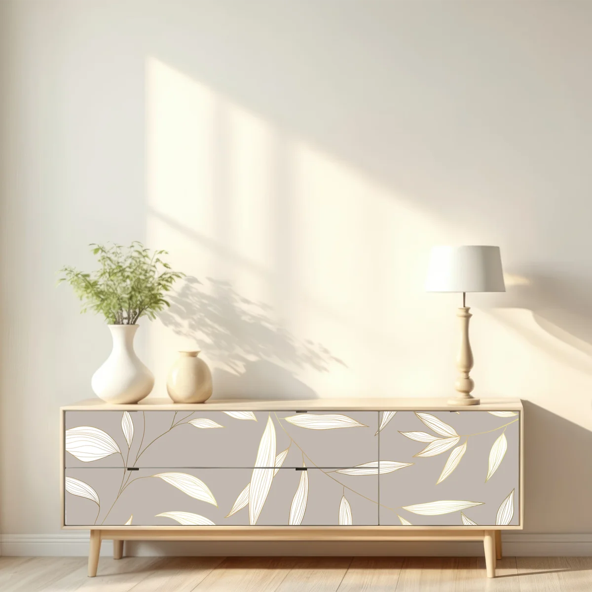 Repositionierbarer Aufkleber zarte goldumrandete blätter auf beigem hintergrund Repositionierbarer Aufkleber zarte goldumrandete blätter auf beigem hintergrund