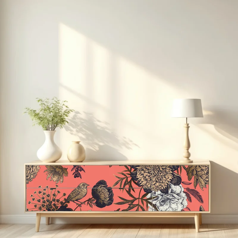 Repositionierbarer Aufkleber vintage blumenmuster mit vögeln auf korallenhintergrund