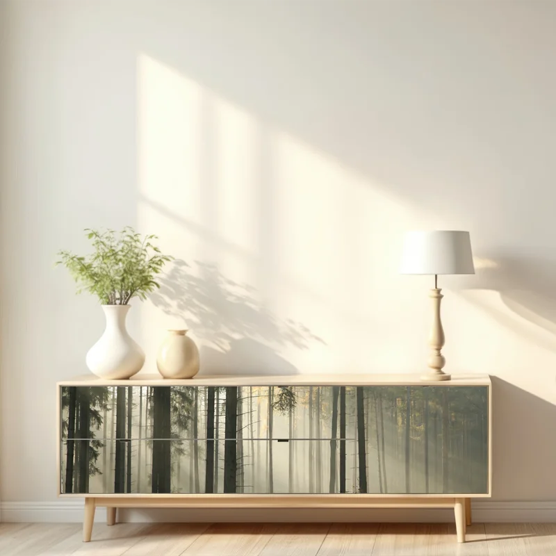 Repositionierbarer Aufkleber nebliger morgenwald mit sonnenstrahlen