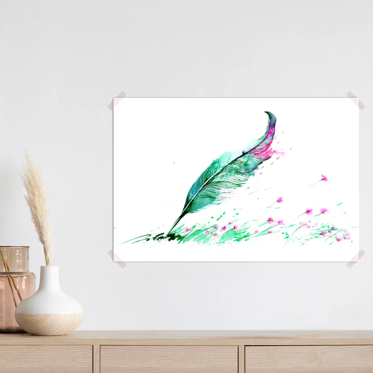 Poster türkisfarbene feder mit rosa blüten • Poster bei Wallnifity® Poster türkisfarbene feder mit rosa blüten • Poster bei Wallnifity®