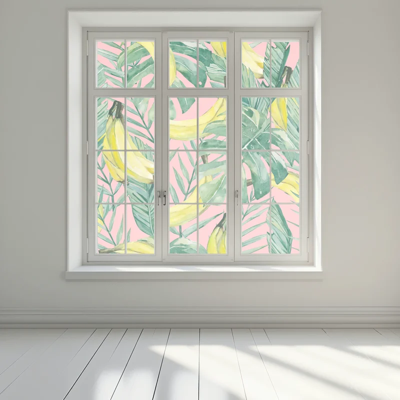 Fensteraufkleber aquarell-bananen und blättermuster auf rosa hintergrund