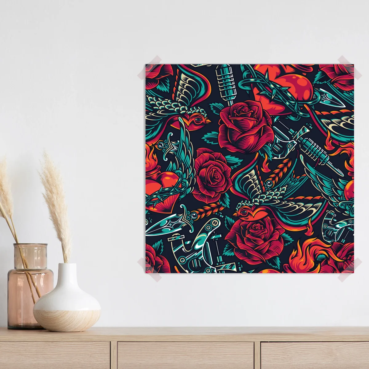 Poster kräftiges tätowierungsmuster mit rosen Poster kräftiges tätowierungsmuster mit rosen