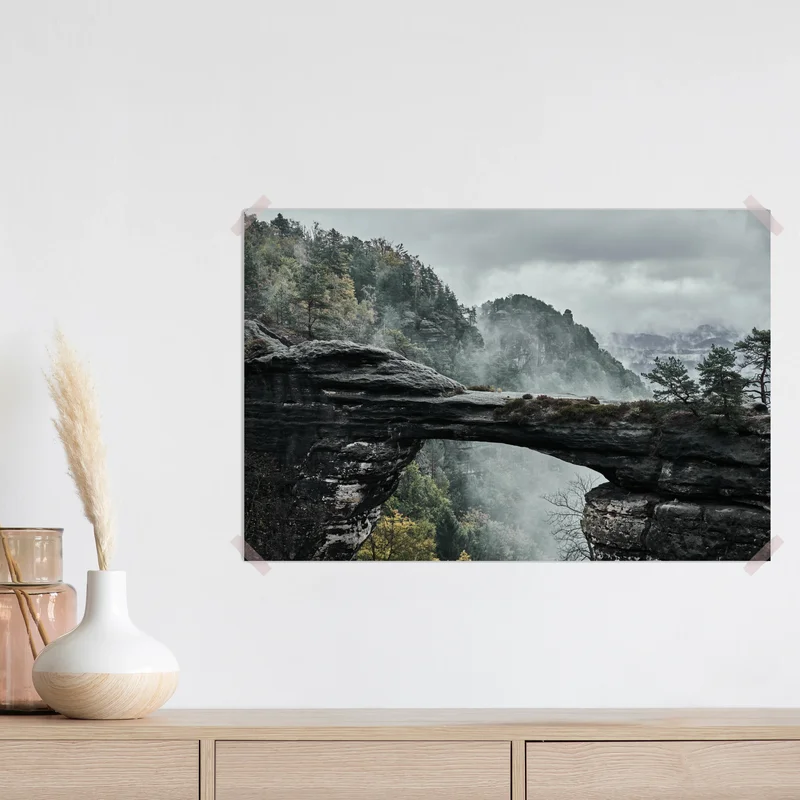 Poster nebliger felsbogen in gebirgstal • Poster bei Wallnifity® Poster nebliger felsbogen in gebirgstal • Poster bei Wallnifity®