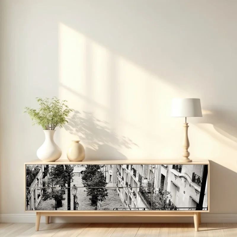 Repositionierbarer Aufkleber städtische treppe in schwarzweiß Repositionierbarer Aufkleber städtische treppe in schwarzweiß