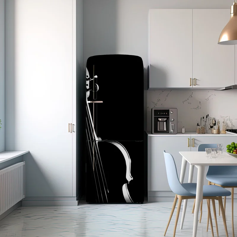 Kühlschrankaufkleber elegante geigensilhouette auf schwarzem hintergrund