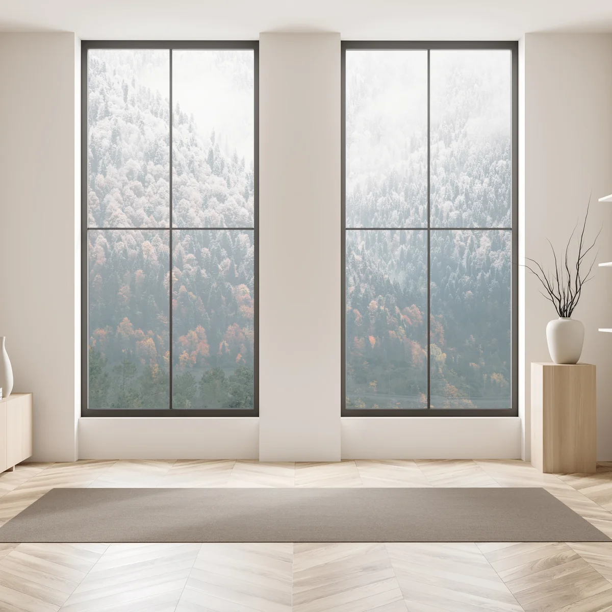 Fensteraufkleber nebliger herbstwald am schneebedeckten berg Fensteraufkleber nebliger herbstwald am schneebedeckten berg