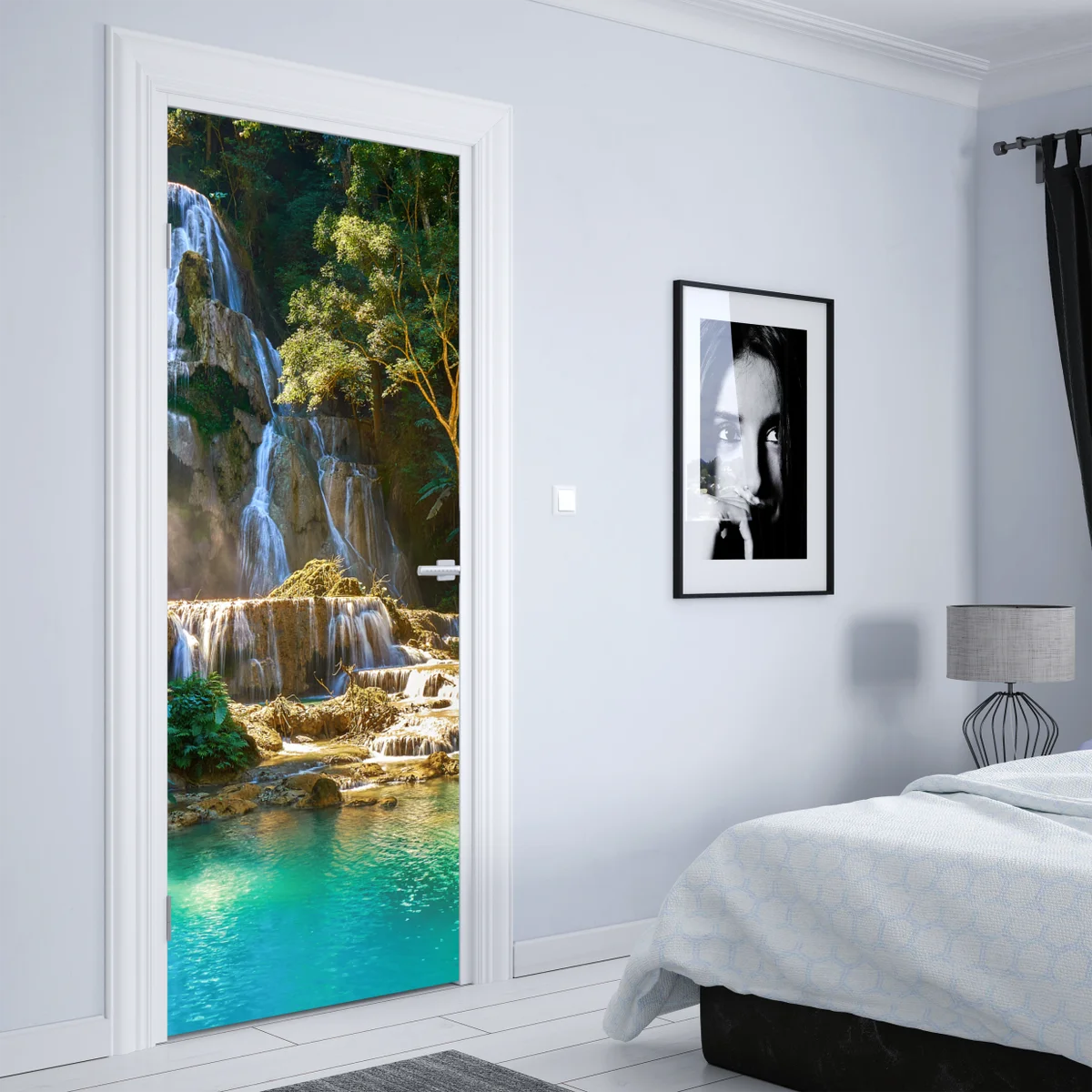 Türaufkleber türkisfarbener wasserfall im üppigen wald Türaufkleber türkisfarbener wasserfall im üppigen wald