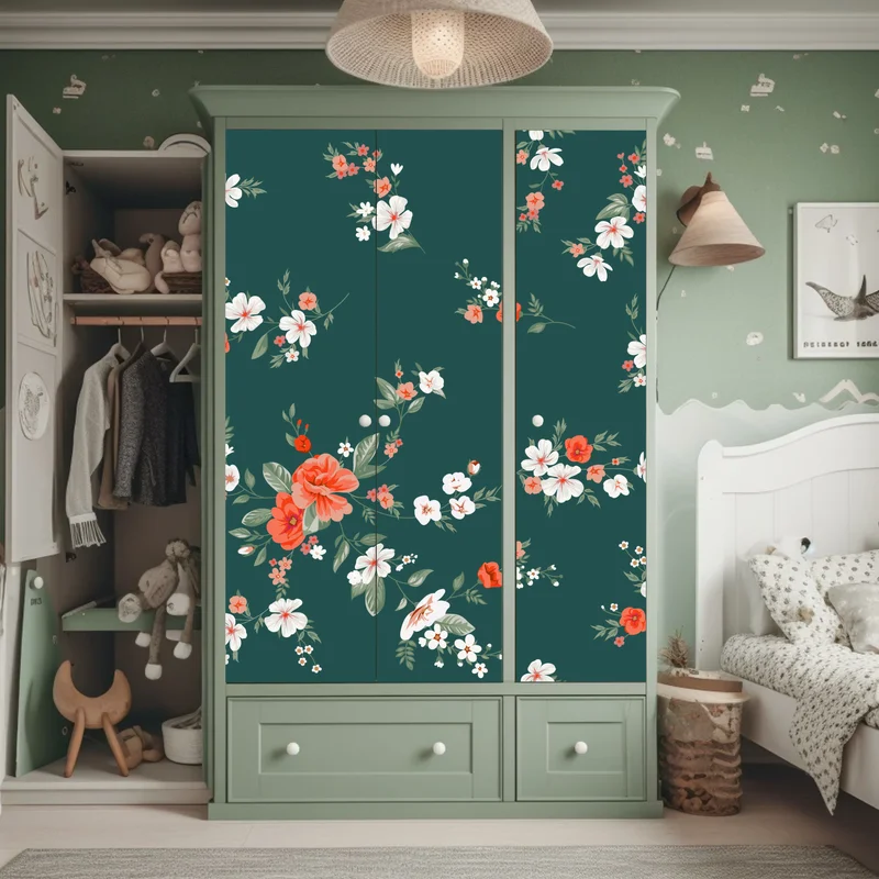 Schrankaufkleber vintage korallenblumenmuster auf tiefgrünem hintergrund Schrankaufkleber vintage korallenblumenmuster auf tiefgrünem hintergrund