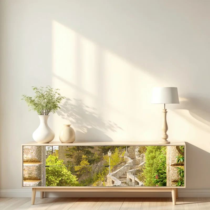 Repositionierbarer Aufkleber sonniger gartenweg zum schloss