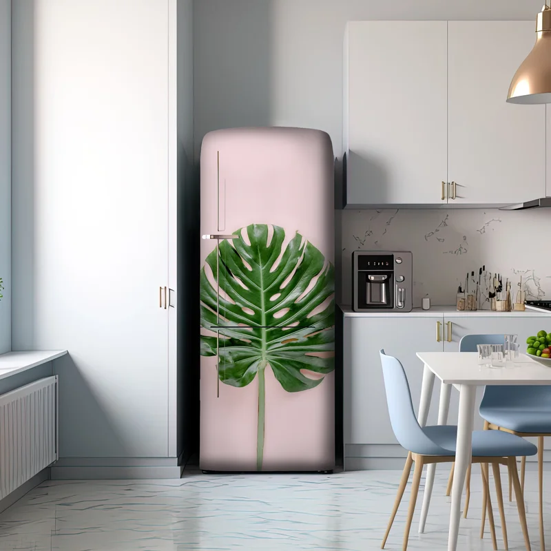 Kühlschrankaufkleber monstera-blatt auf pastell-rosa hintergrund