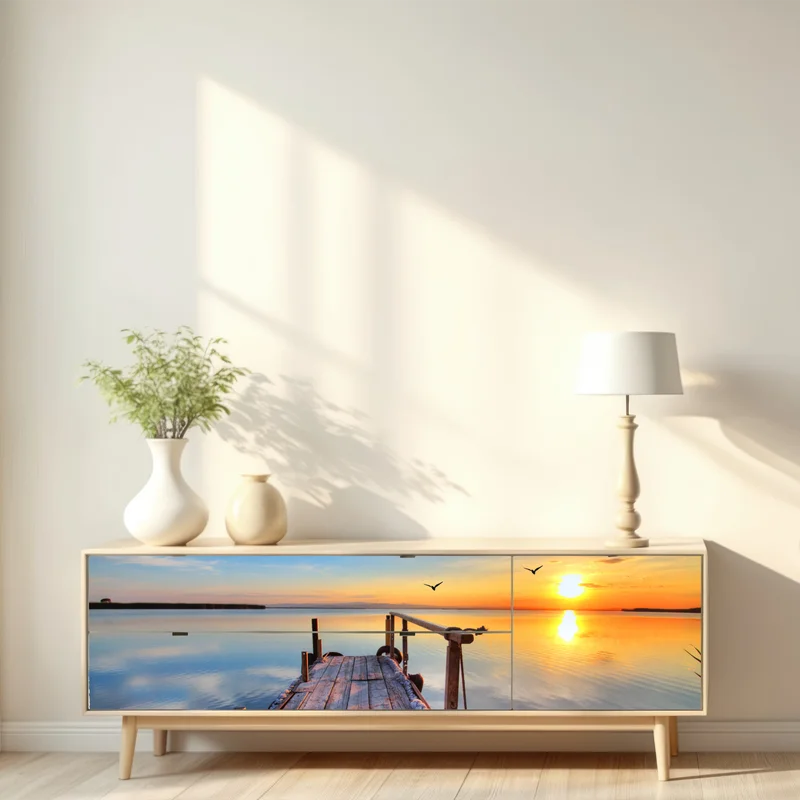 Repositionierbarer Aufkleber sonnenuntergang am hölzernen steg