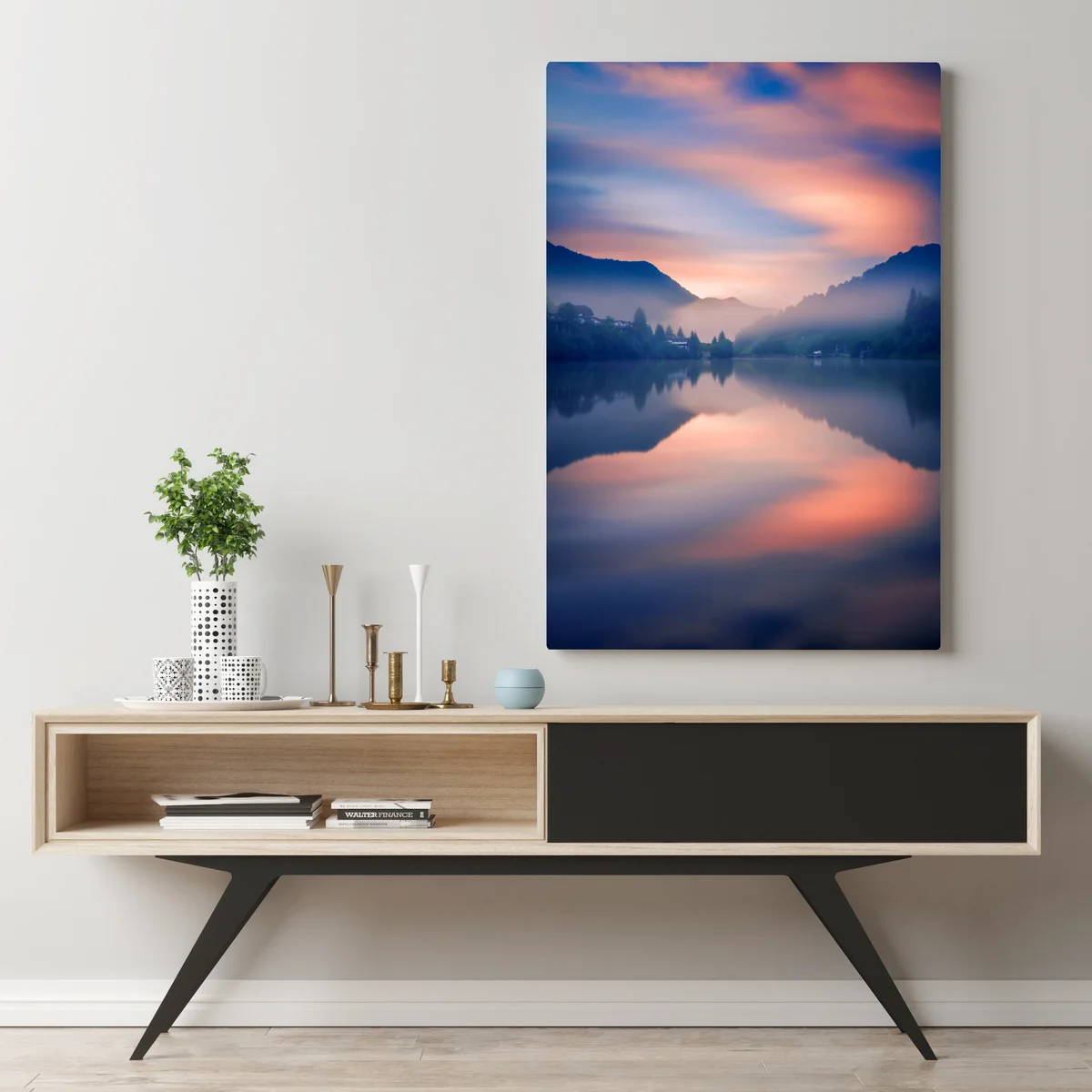 Leinwandbild nebeliger bergsee bei dämmerung Leinwandbild nebeliger bergsee bei dämmerung