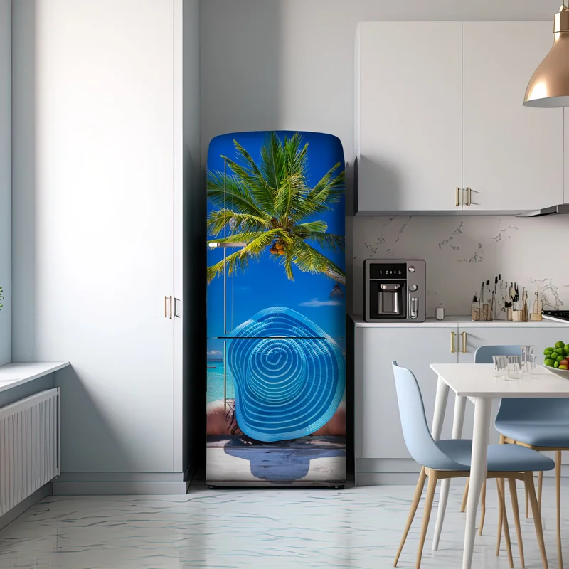 Kühlschrankaufkleber tropischer strand mit blauem sonnenhut