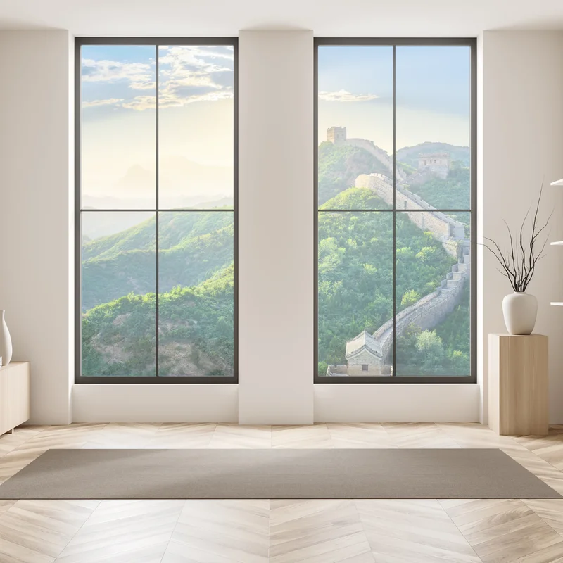 Fensteraufkleber Chinesische Mauer bei sonnenaufgang über grünen bergen