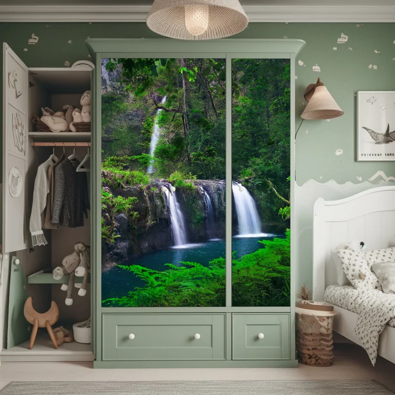 Schrankaufkleber beruhigender wasserfall im smaragdgrünen wald