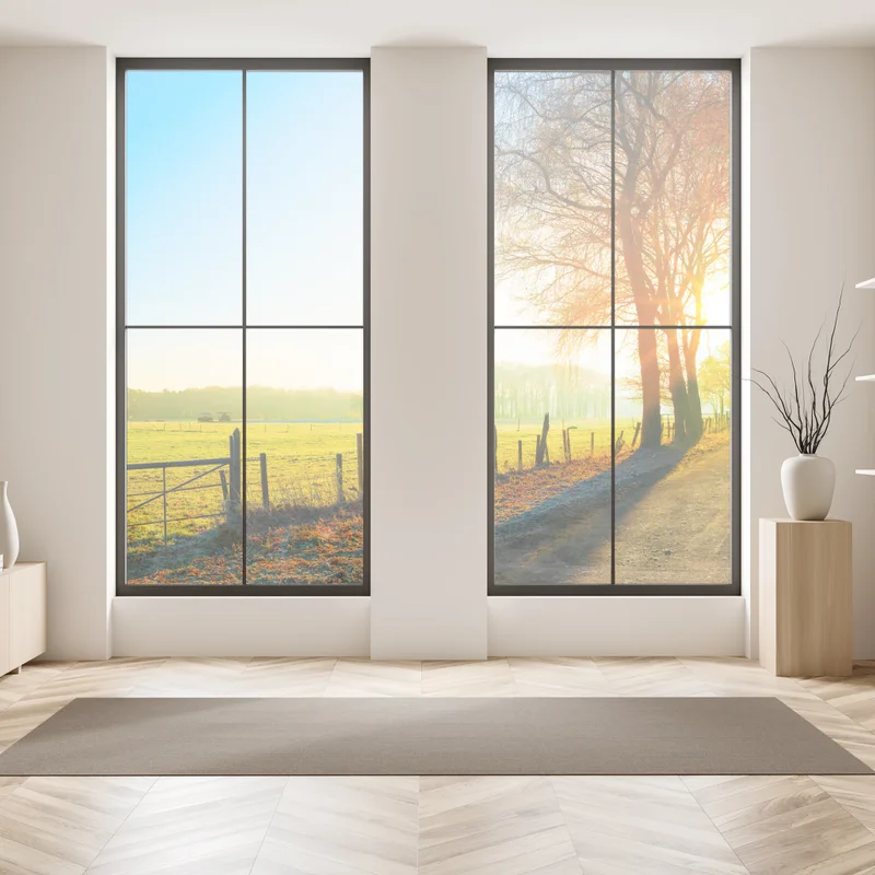 Fensteraufkleber sonnenbeschienener landweg durch herbstliche wiese