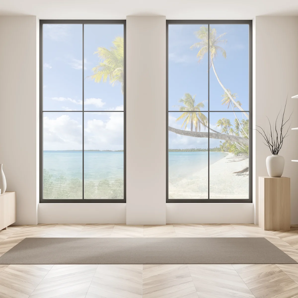 Fensteraufkleber tropischer türkisblauer strand mit geneigter palme Fensteraufkleber tropischer türkisblauer strand mit geneigter palme