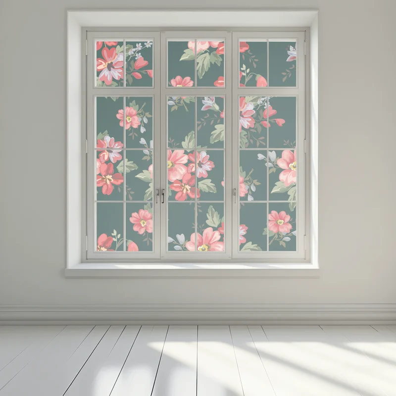 Fensteraufkleber vintage rosa blumenmuster auf tiefgrün Fensteraufkleber vintage rosa blumenmuster auf tiefgrün