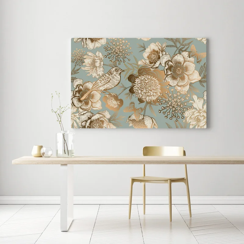 Leinwandbild vintage botanisches blumenmotiv mit vogel Leinwandbild vintage botanisches blumenmotiv mit vogel