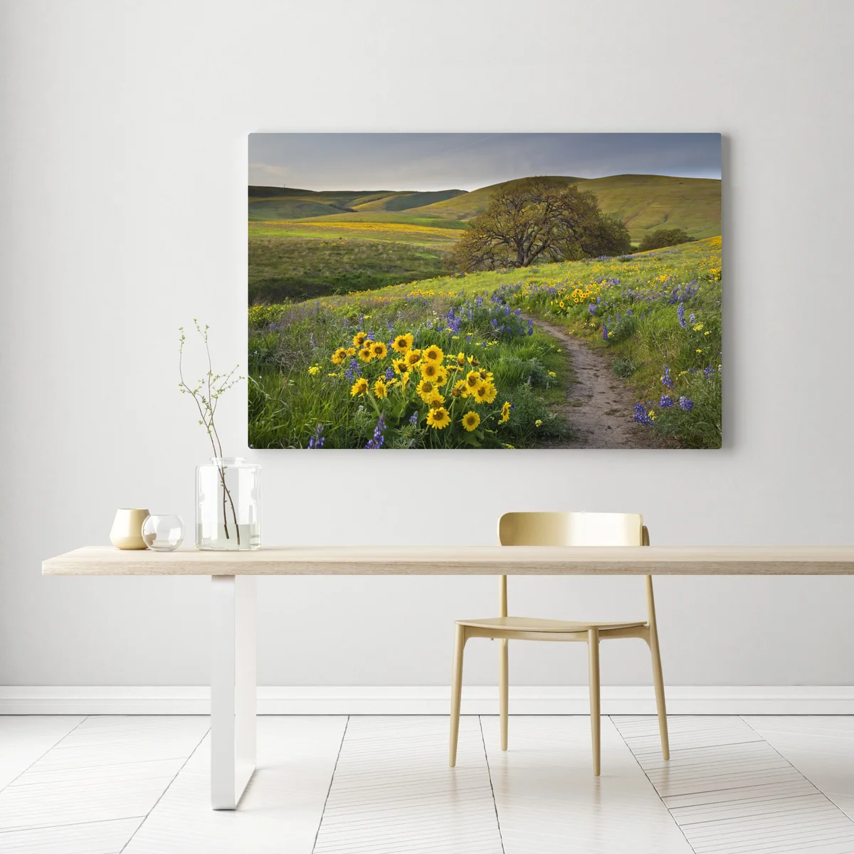 Leinwandbild pfad durch blumenwiese mit eichenbaum Leinwandbild pfad durch blumenwiese mit eichenbaum