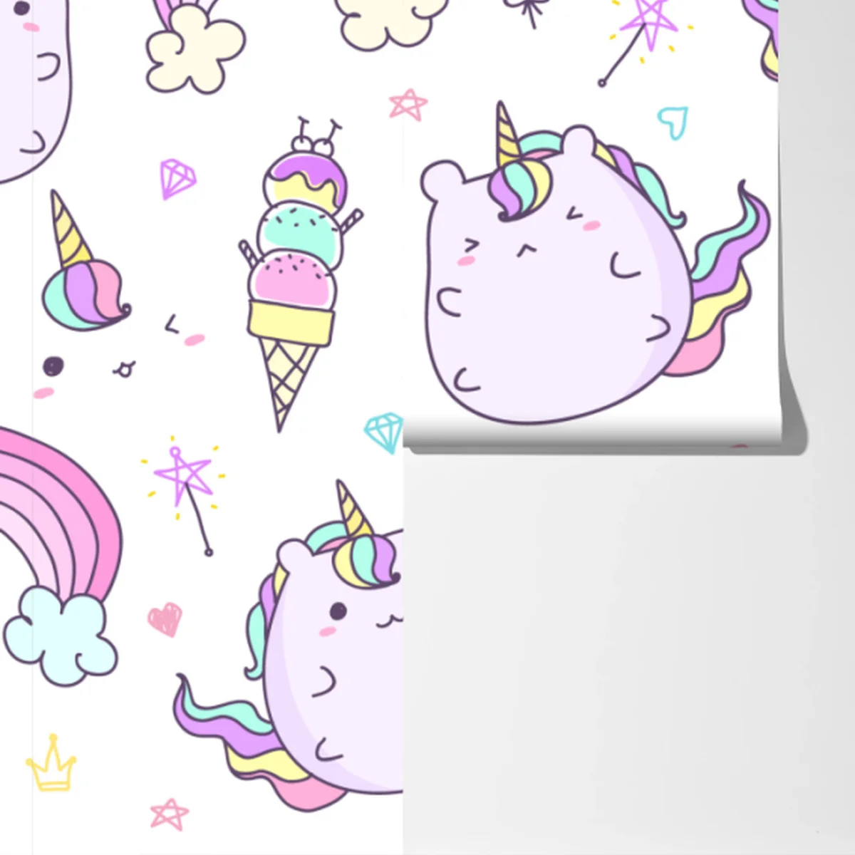 Fototapete verspieltes pastell-einhorn-katzenmuster Fototapete verspieltes pastell-einhorn-katzenmuster