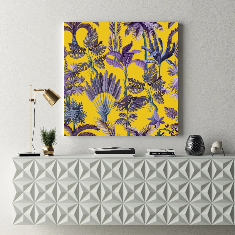 Leinwandbild tropische lila blätter auf gelbem hintergrund Leinwandbild tropische lila blätter auf gelbem hintergrund