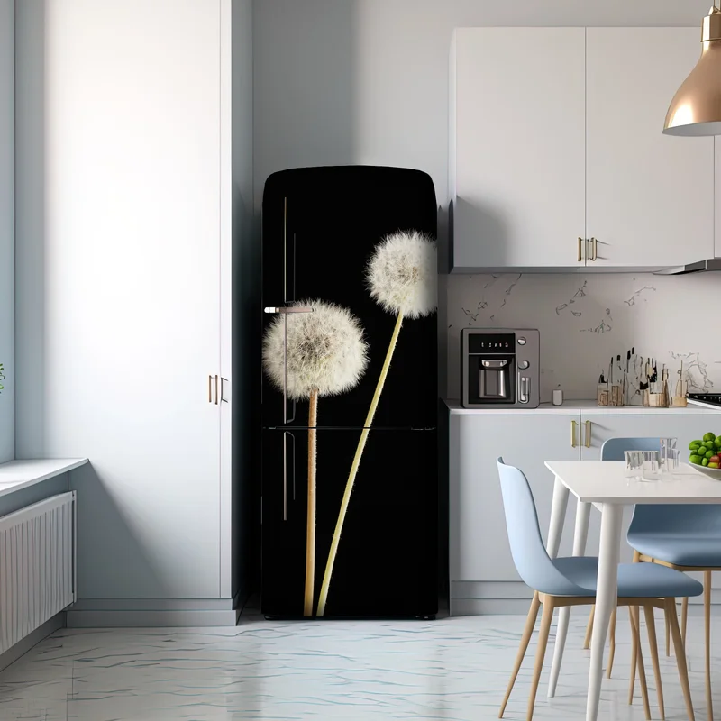 Kühlschrankaufkleber zarte löwenzahnsamen auf schwarzem hintergrund