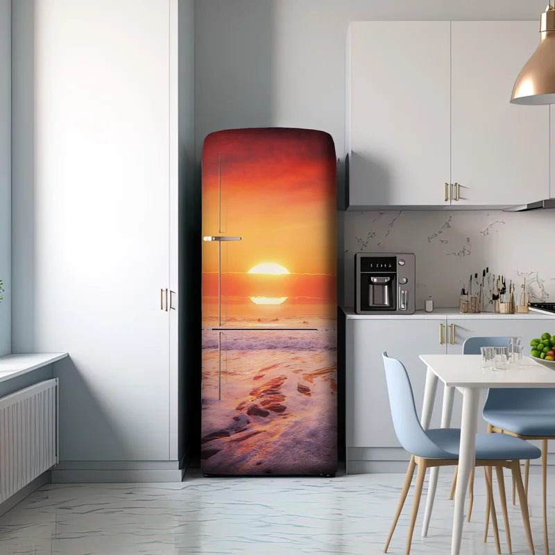 Kühlschrankaufkleber goldener sonnenuntergang über ruhigem strand