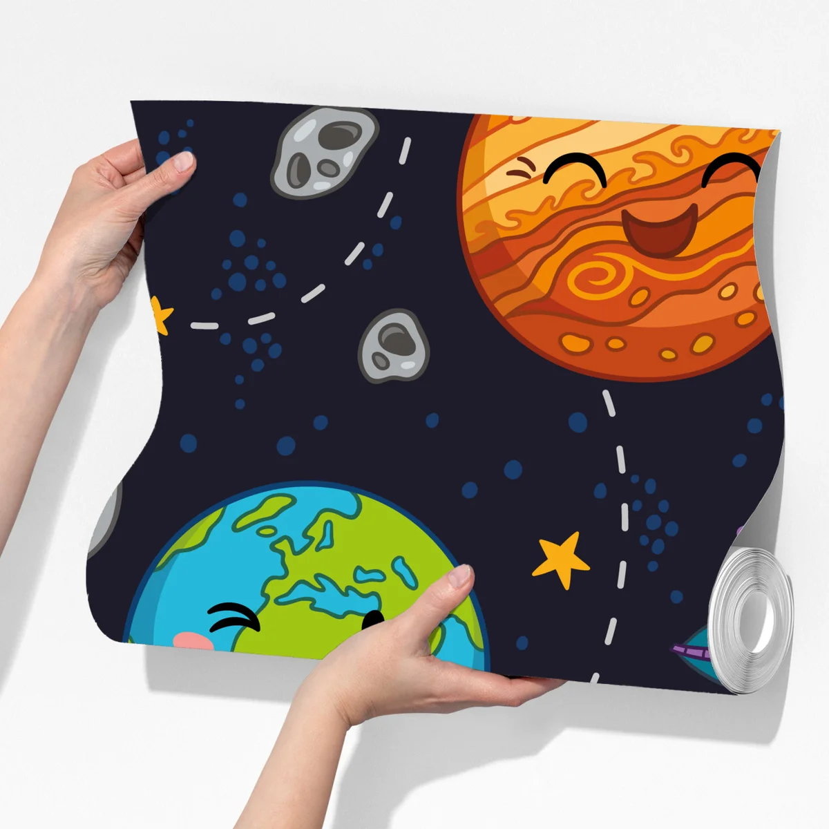 Fototapeta uśmiechnięte planety na zabawnym tle kosmicznym Fototapeta uśmiechnięte planety na zabawnym tle kosmicznym