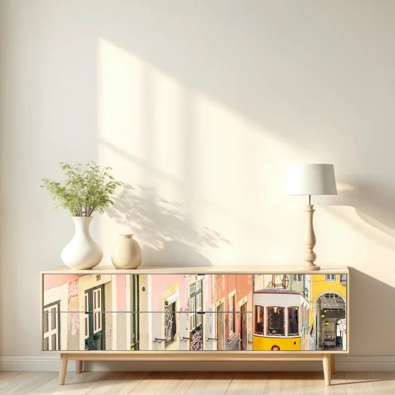 Repositionierbarer Aufkleber sonnige Lissabon straßenbahn in pastellfarben