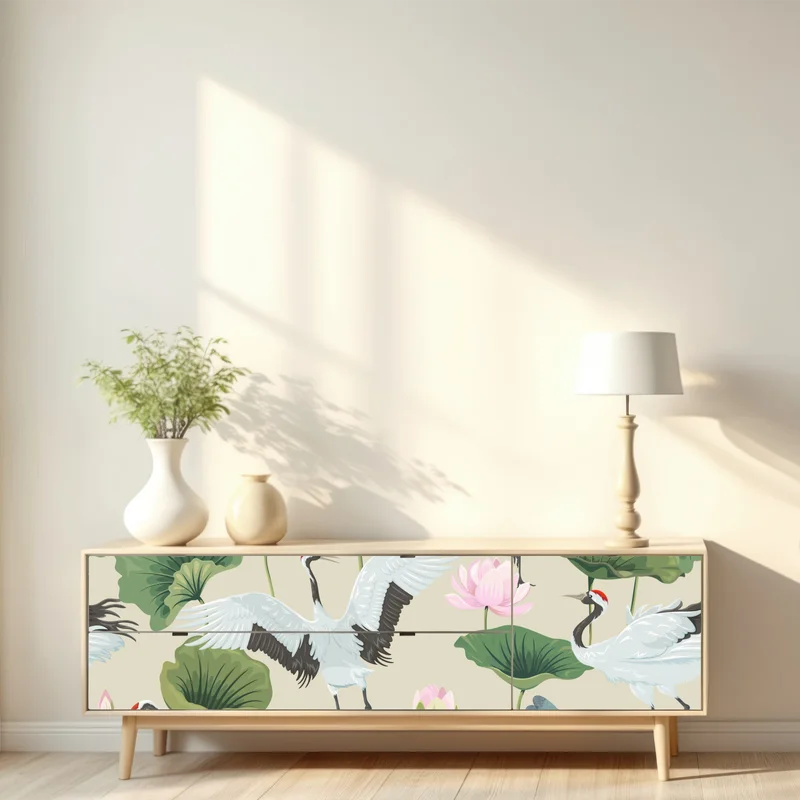 Repositionierbarer Aufkleber elegantes muster mit kranichen und lotusblumen