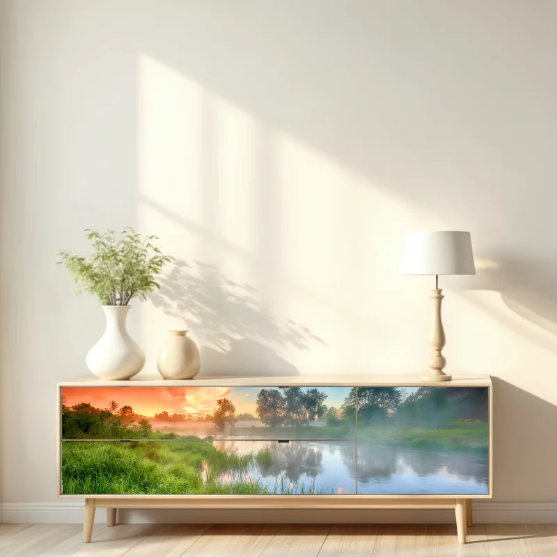 Repositionierbarer Aufkleber nebel bei sonnenaufgang am flussufer