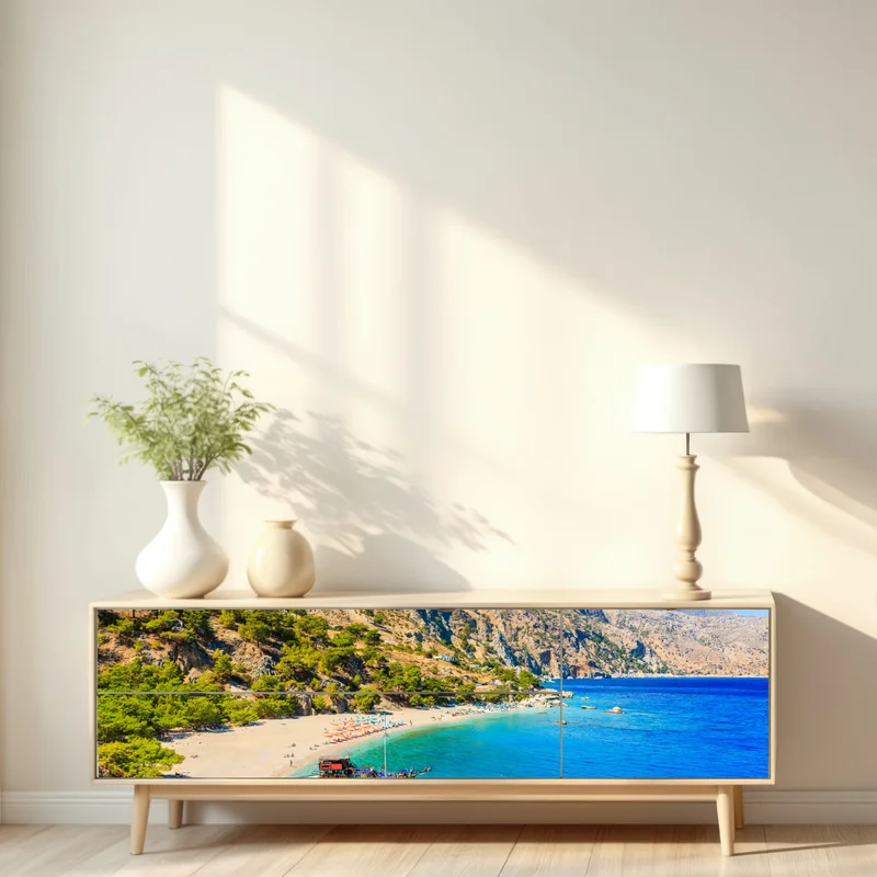 Repositionierbarer Aufkleber segelboot am Apella strand, Karpathos