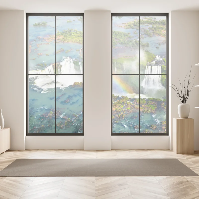 Fensteraufkleber luftaufnahme tropischer wasserfälle mit regenbogen