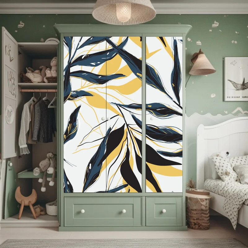 Schrankaufkleber marineblaue und goldene botanische blattkomposition