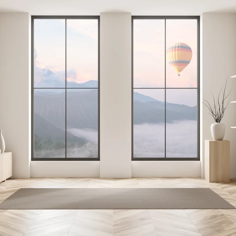 Naklejka na okno balon nad mglistymi górami