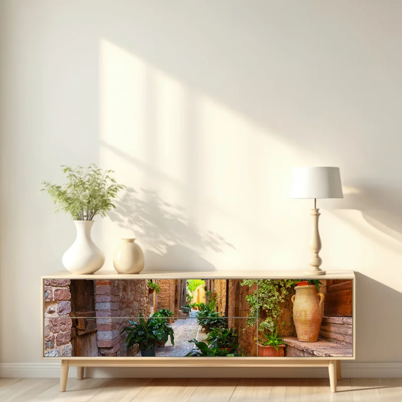 Repositionierbarer Aufkleber sonnige gasse mit blumentöpfen in Spello