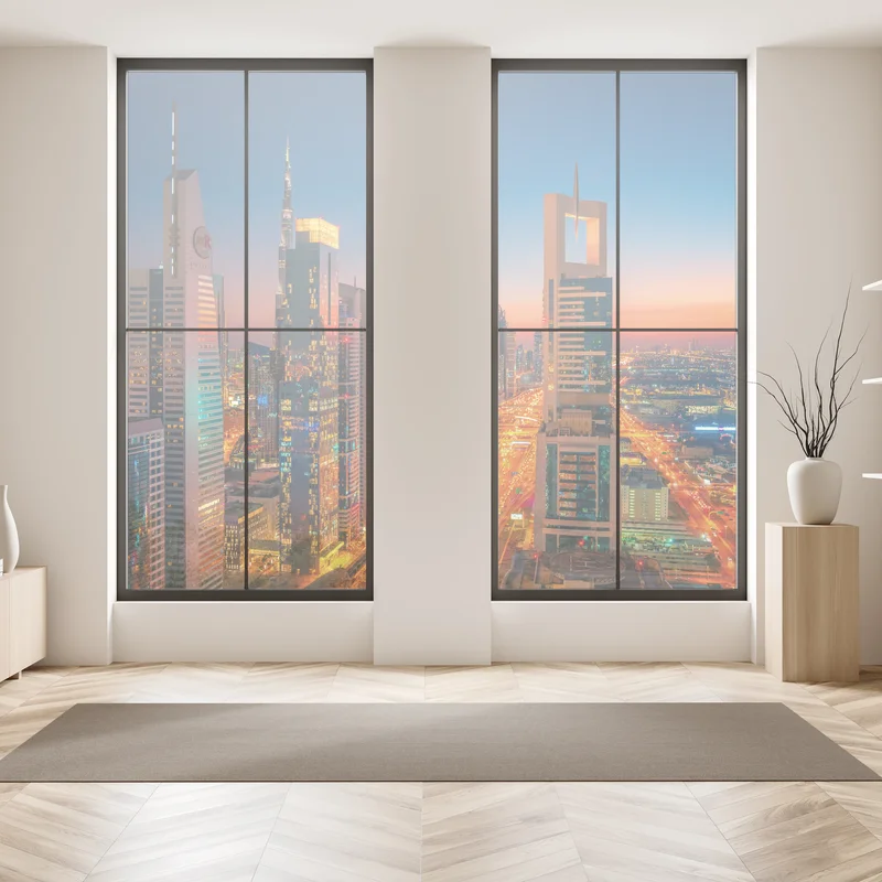 Naklejka na okno panorama Dubaju o zmierzchu