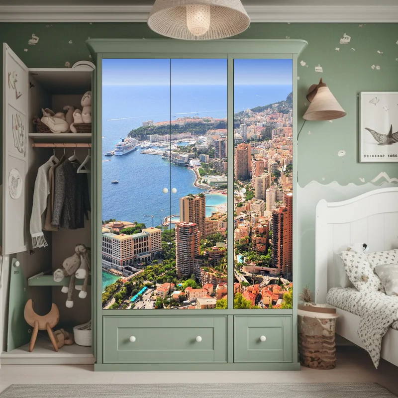 Schrankaufkleber sonnige panoramasicht einer küstenstadt