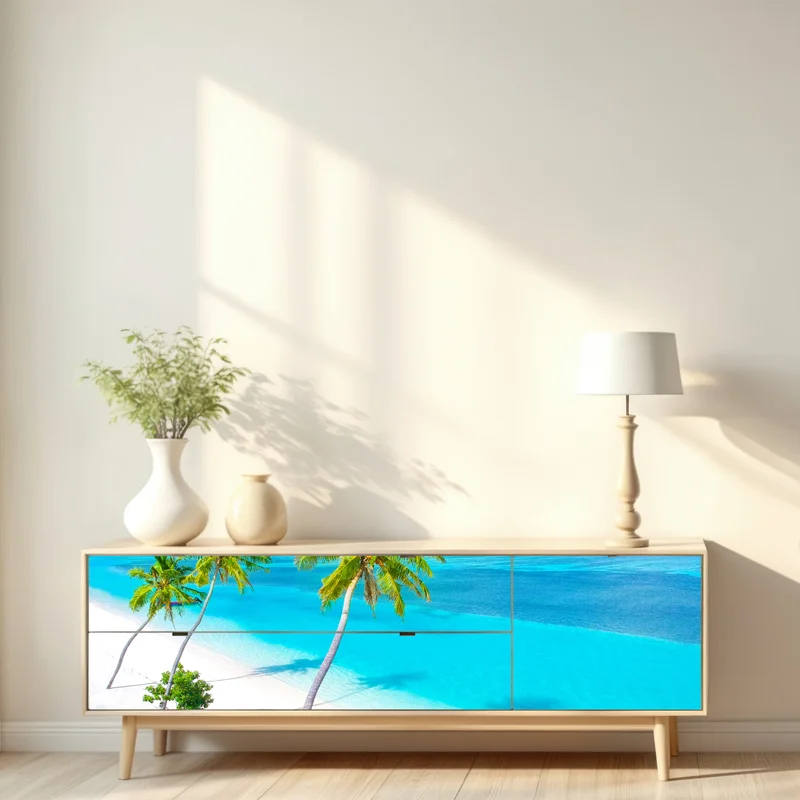 Repositionierbarer Aufkleber tropischer türkisfarbener strand mit palmen